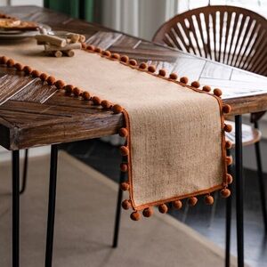 Boho Pom Pom Table Runner 87” Neutral Beige Rustic Farmhouse Dining Decor